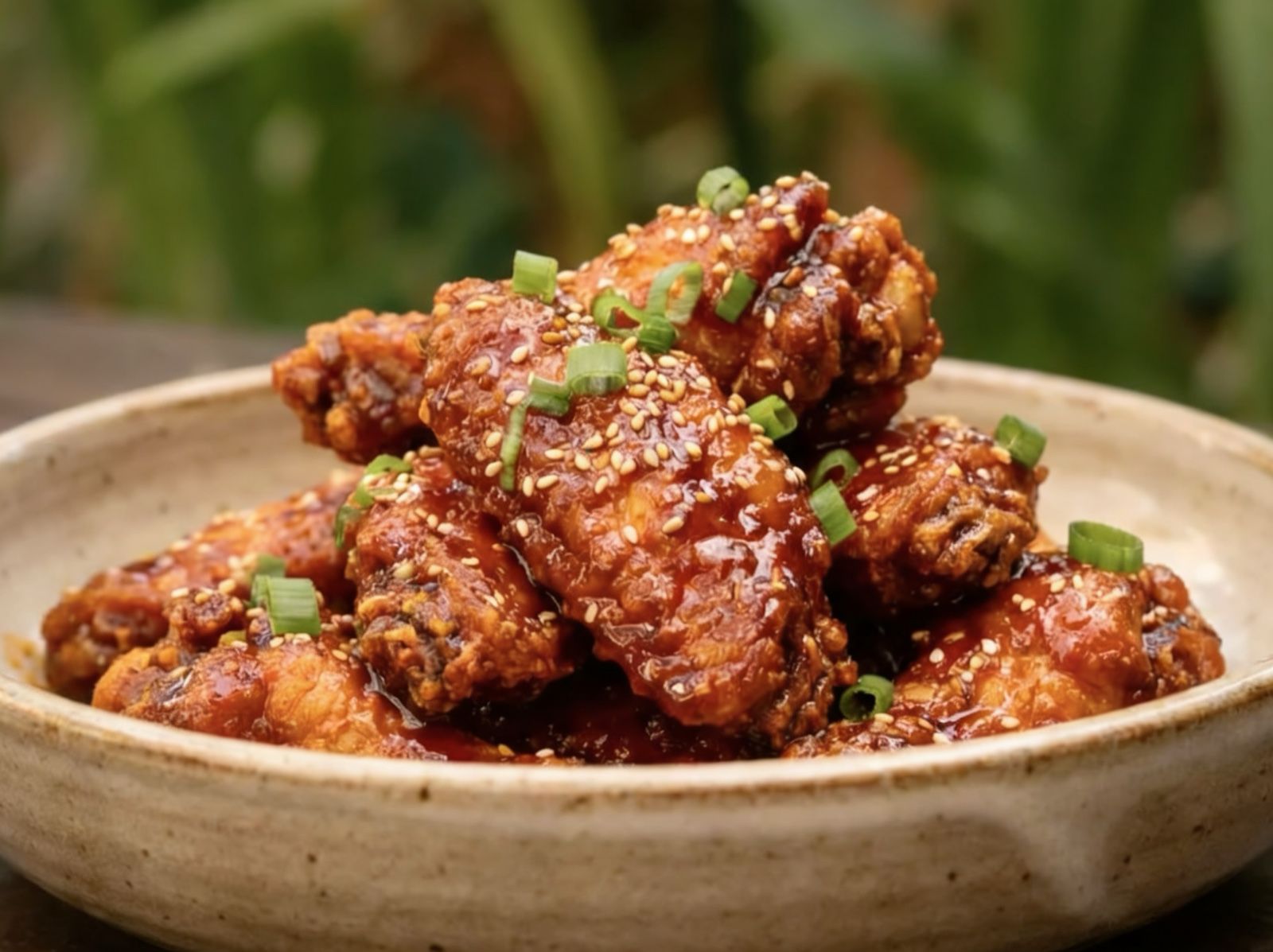 Korean-style fried chicken wings with sweet and spicy glaze, sesame and spring onion