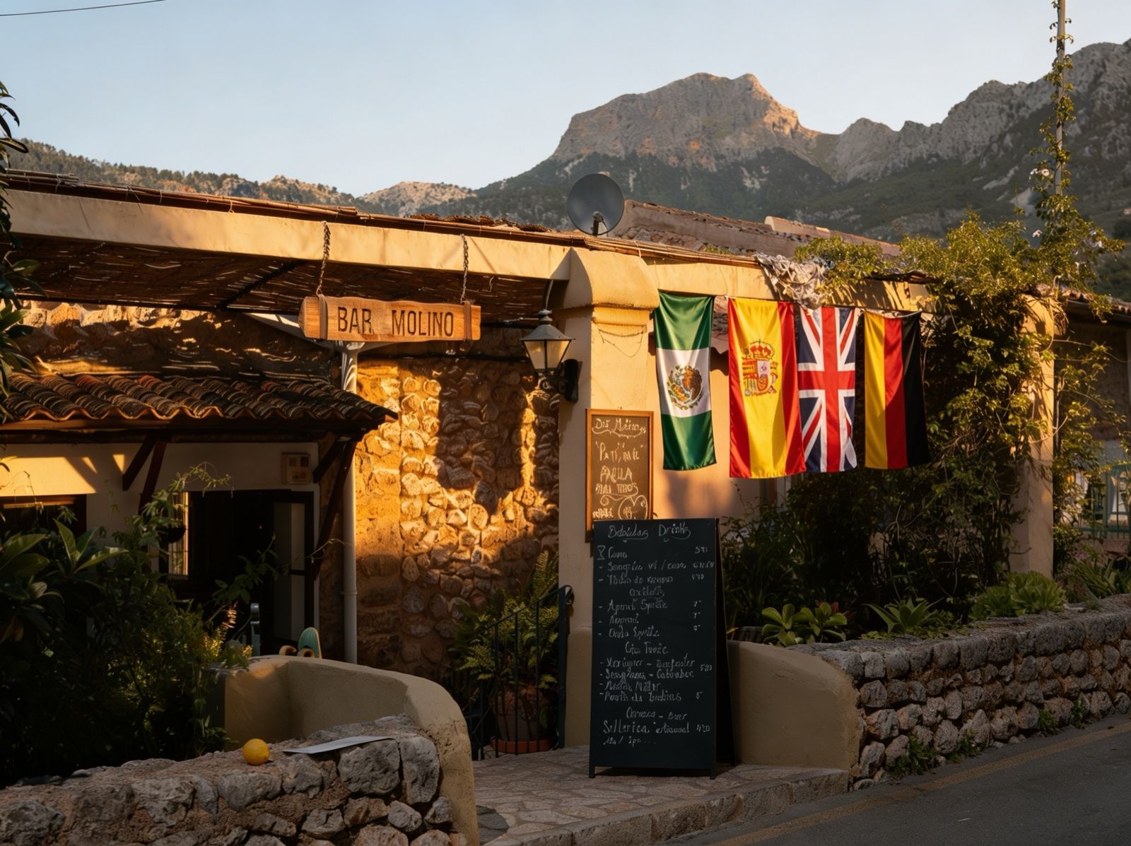 Fachada del Bar Molino en Sóller al atardecer, con banderas de varios países del Mundial y la Serra de Tramuntana al fondo