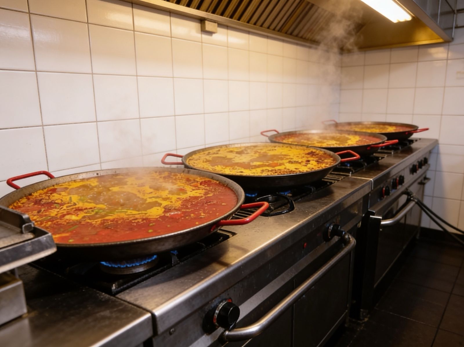 Varias paellas cocinándose al fuego a la vez en la cocina del Bar Molino, Sóller